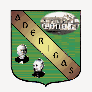 Blason de l’ADERIGAS : la demeure familiale, les portraits de Théophile-Luc Ricour et de Georgine Gasselin, et le nom de l’association en bande diagonale.